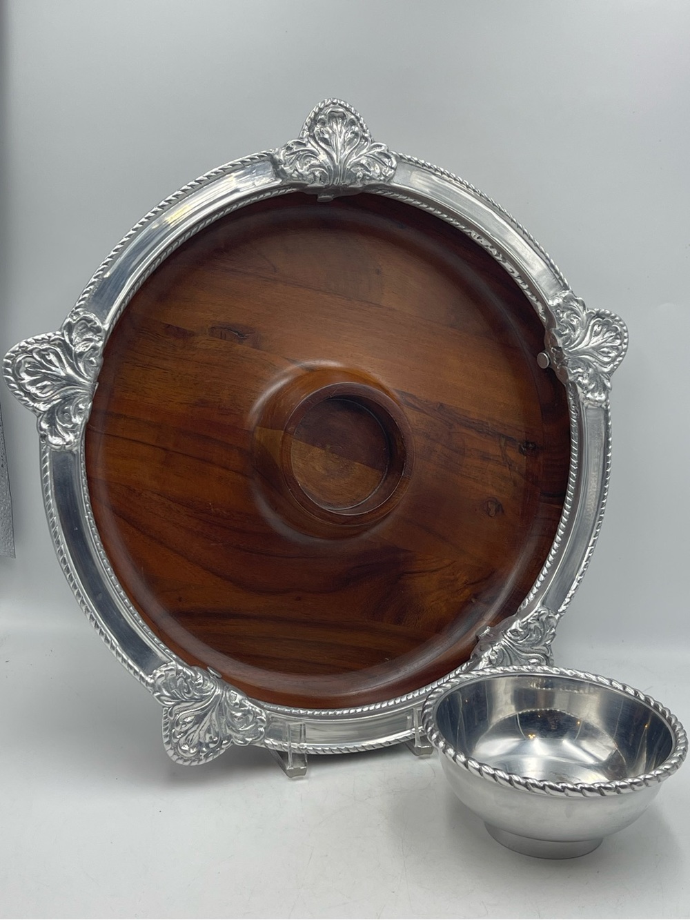 Reba: Chip & Dip Set - Wood Serving Platter w/Metal Accents & Bowl
Made in India